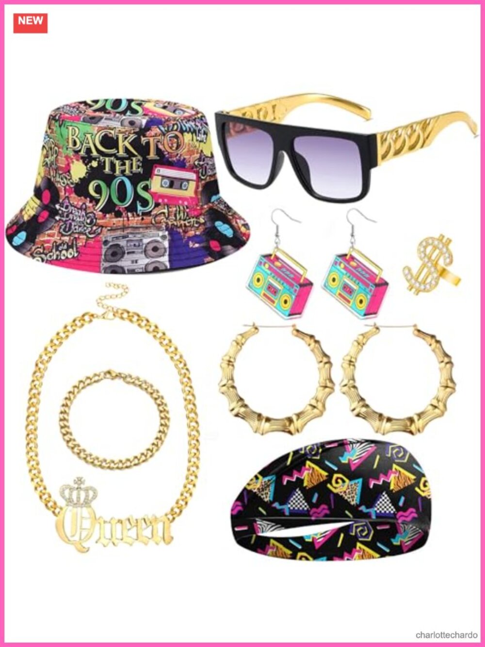 80s 90s Hip Hop Costume Accessory Set Metal Polyester Retro Rapper